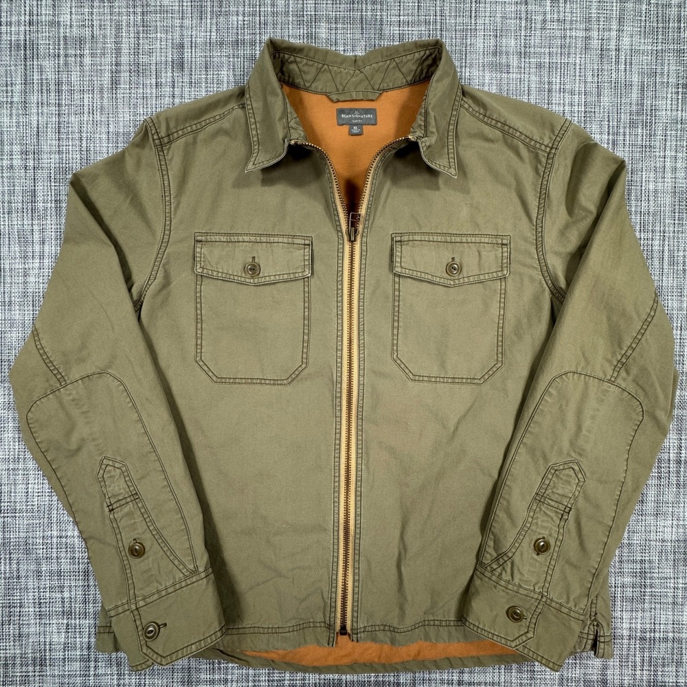 LL Bean Signature Jacket Mens XL Slim Fit Olive Cotton Full Zip Lined Utility
